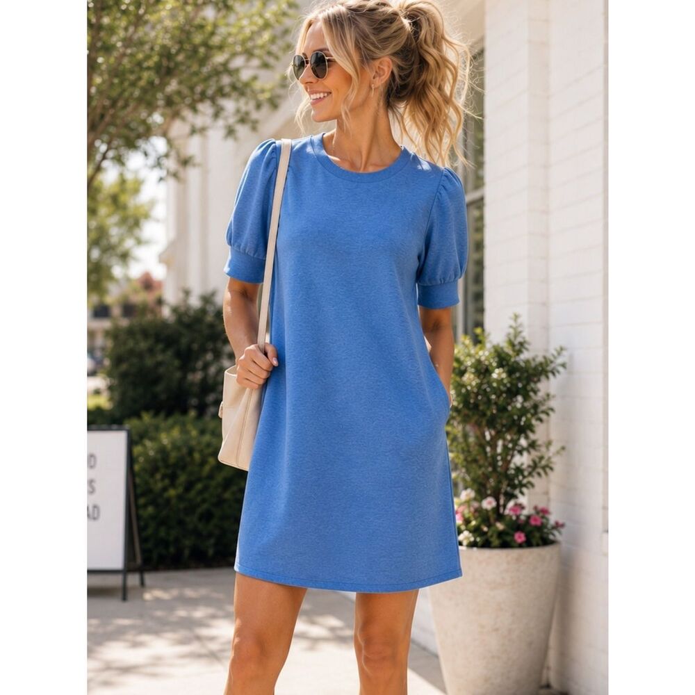 LOFT Sky Blue Puff Sleeve Mini Sweatshirt Dress Short Sleeve M